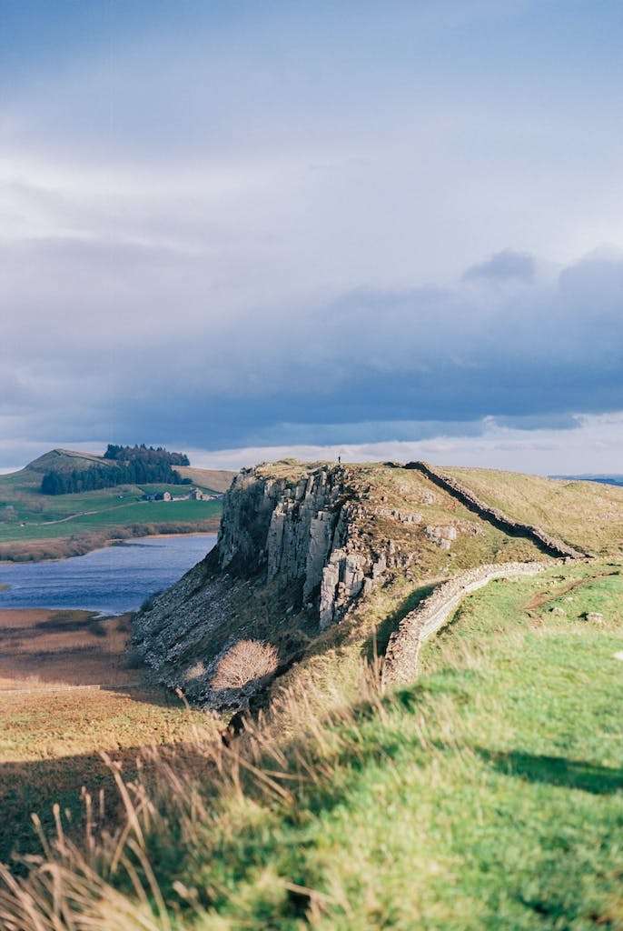 Hilly Landscape with Hadrian Wall near Crag Lough Lake, England